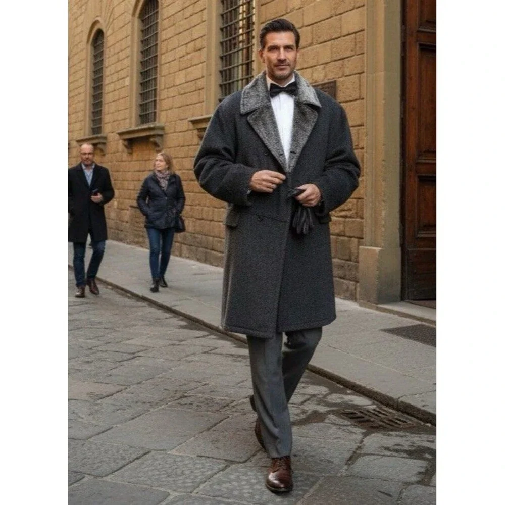 RARE Vtg Alfredo Fawza Italian Double Brsted Mohair Alpaca Wool Overcoat Mens 46